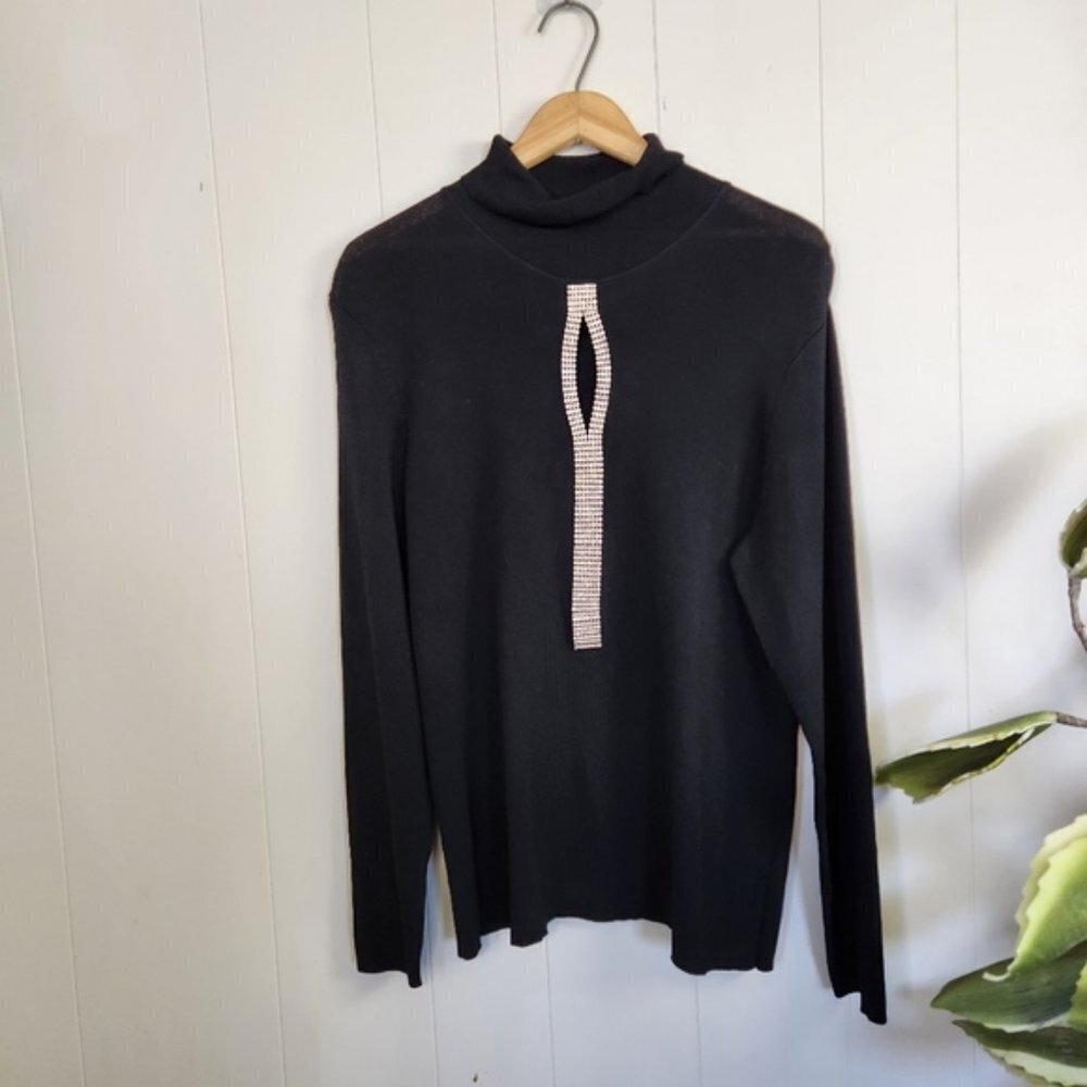 Addition Elle Black Knit Stretchy Turtleneck Sweater Diamonds Rhinestones Fancy